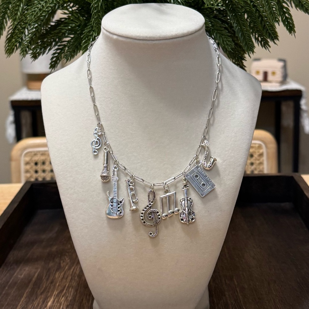 Silver Music Charm Necklace Paperclip Chain Guitar Treble Clef Aesthetic